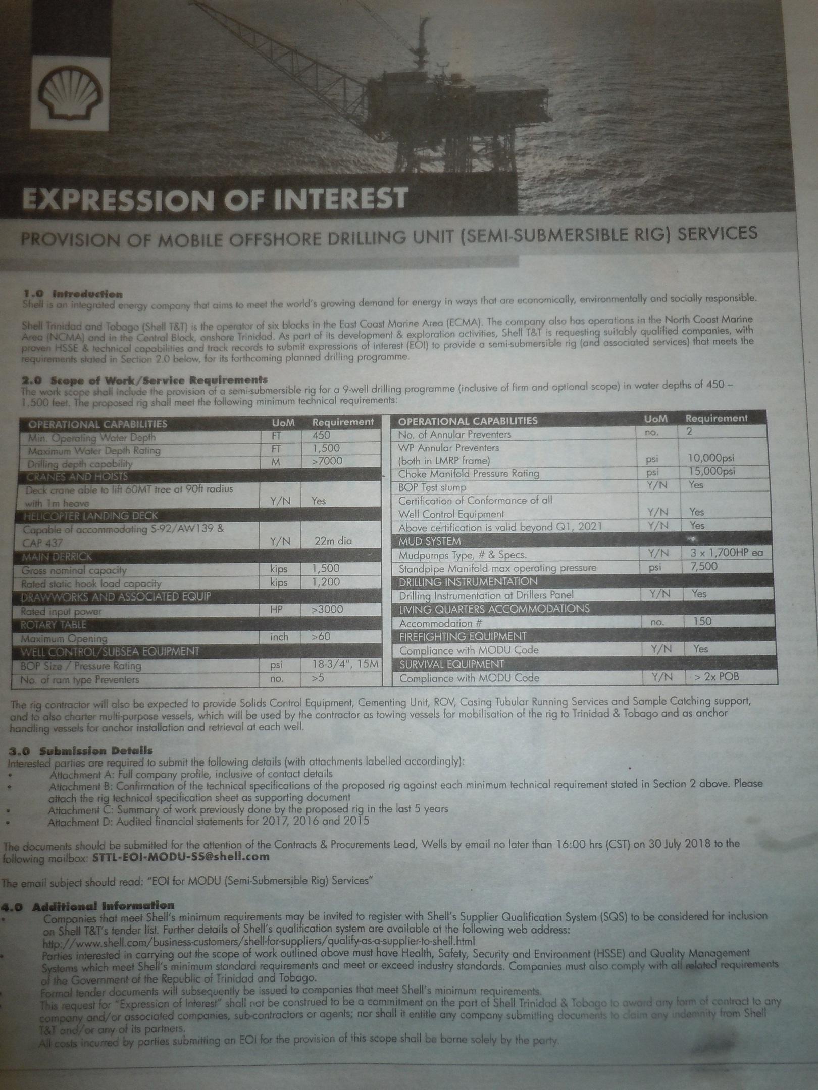 Expression of Interest by Shell for a Mobile Offshore Drilling Unit for its operation in Trinidad and Tobago